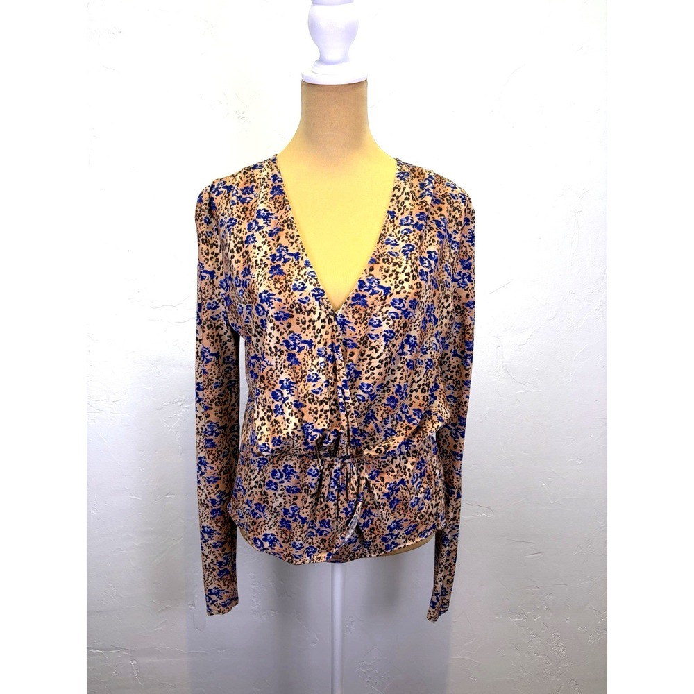 Ramy Brook Alexandria Woman's Animal Print Blouse Size S/M Blue Tan‎ Peplum Hem